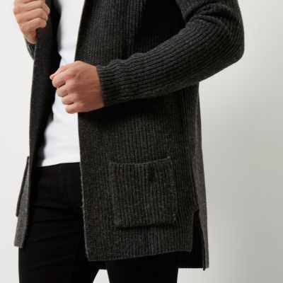 Dark grey open hooded longline cardigan